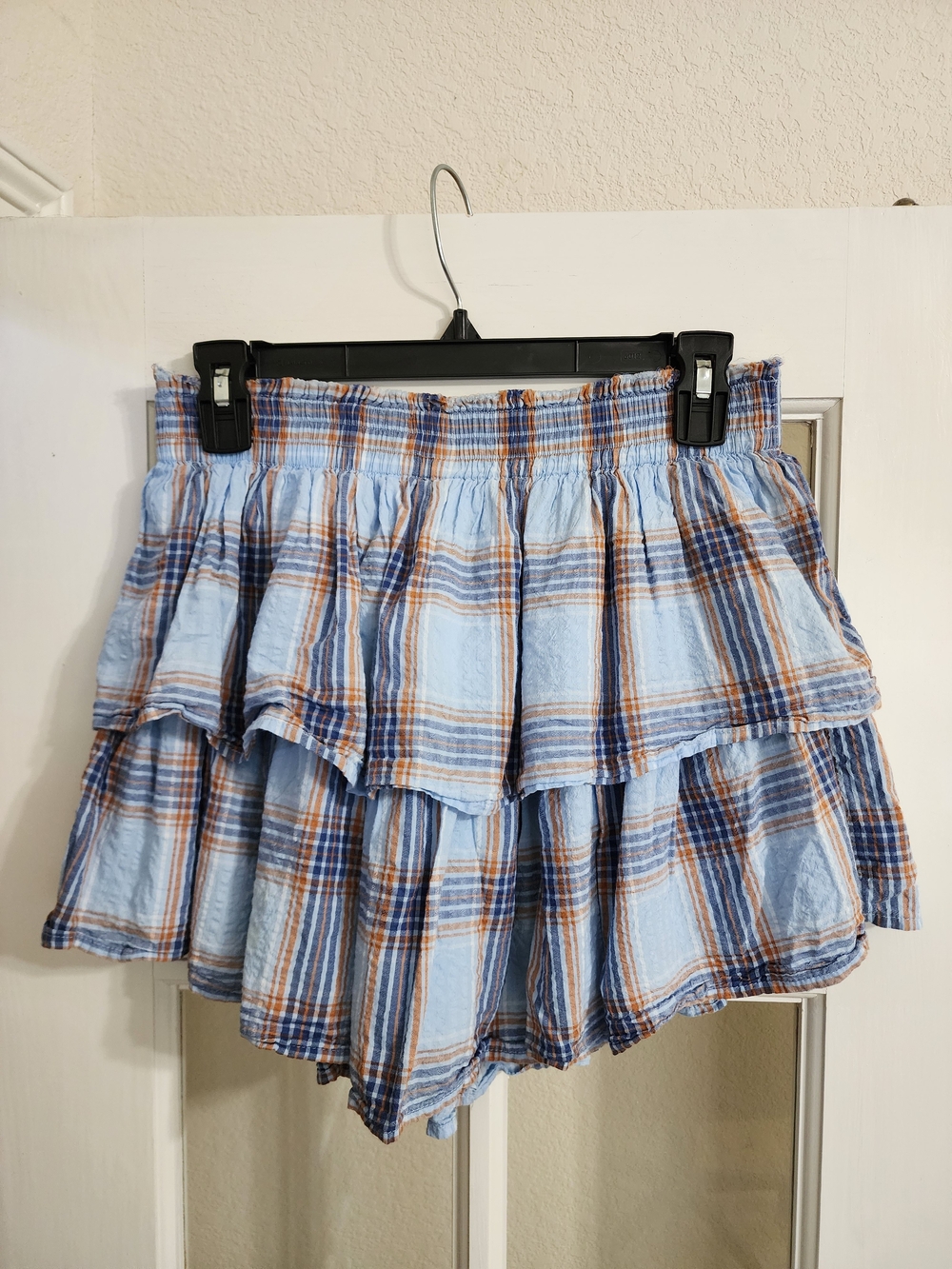 Aerie Blue Plaid Tiered Ruffle Mini Skirt Elastic Waist Medium